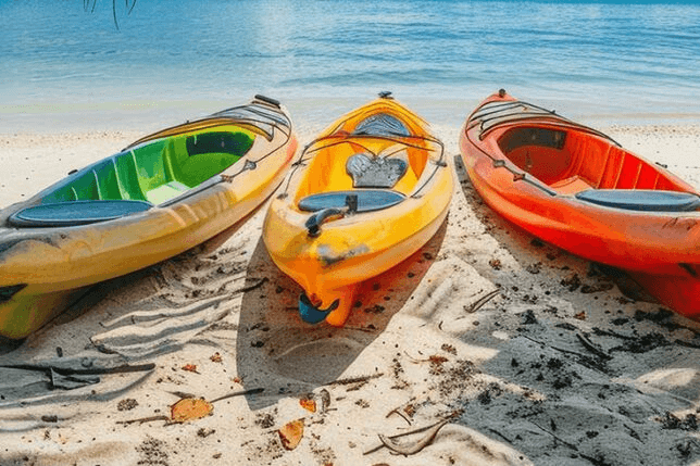 Colorful kayaks available for paddling at Laguna Shores beach