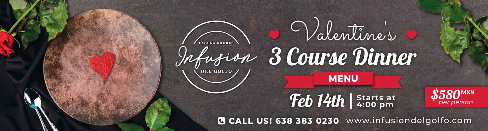 Cena de San Valentín de 3 Tiempos