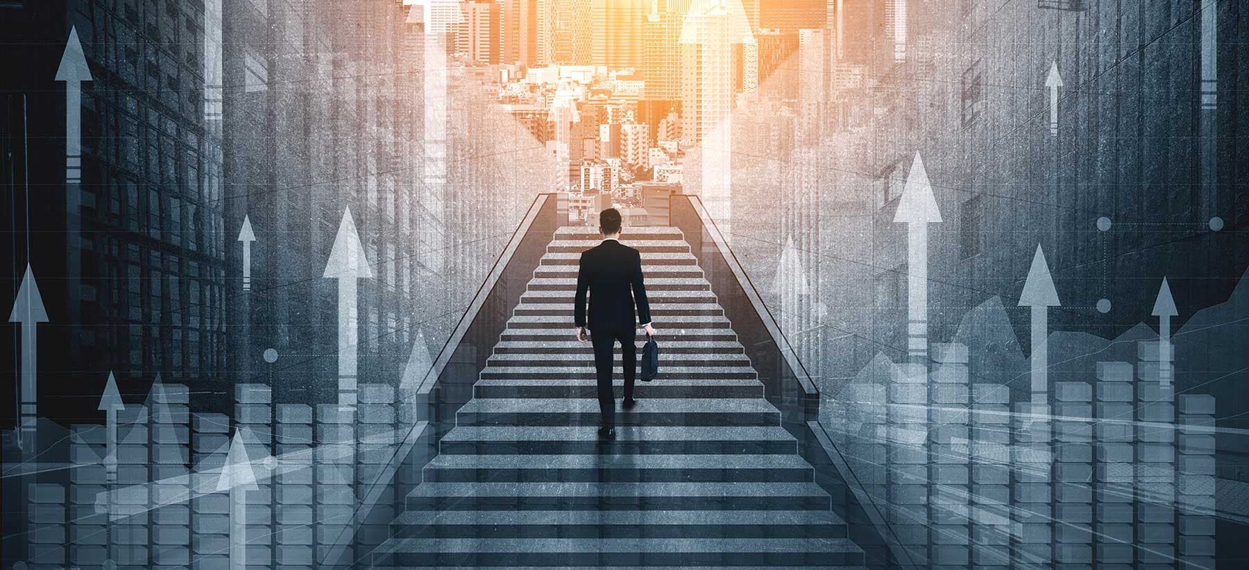 Man on stairs representing market growth